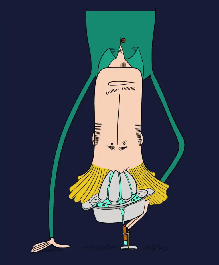 Key Visual Gehirnschmalz: Typ macht Handstand auf Zitronenpresse | Illustration von André Sendel | Franklin Four Design